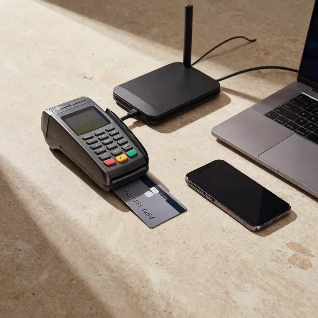 Z góry: terminal, karta, telefon, laptop i router na jasnym kamieniu.