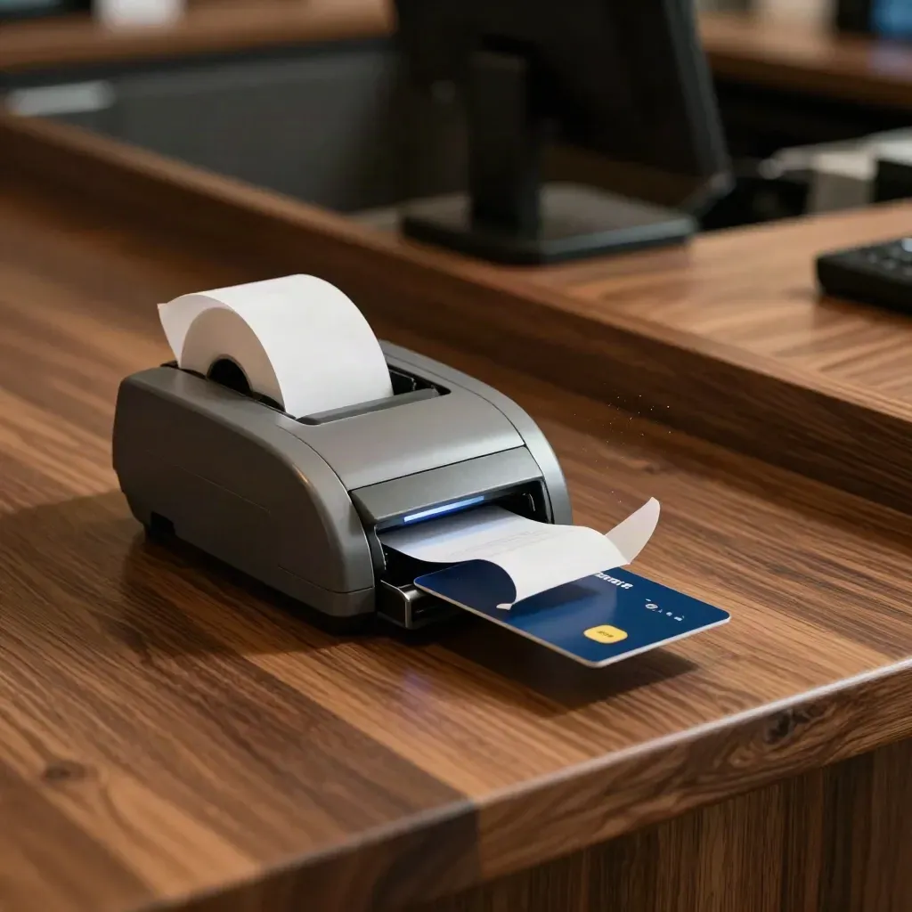 Karta zbliżeniowa wsuwana do czytnika, obok osłona i rolka papieru